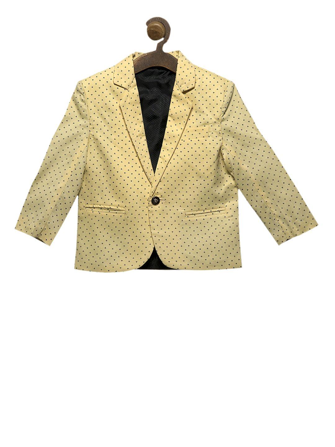 RIKIDOOS Boys Yellow Printed Tailored Fit Single-Breasted Pure Cotton Blazer