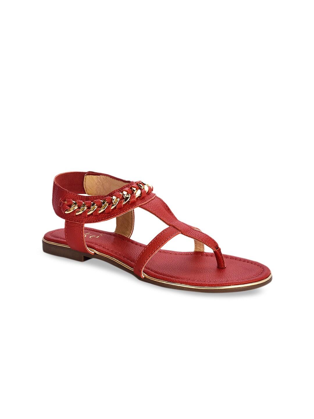 Eske Women Red Solid Leather T-Strap Flats
