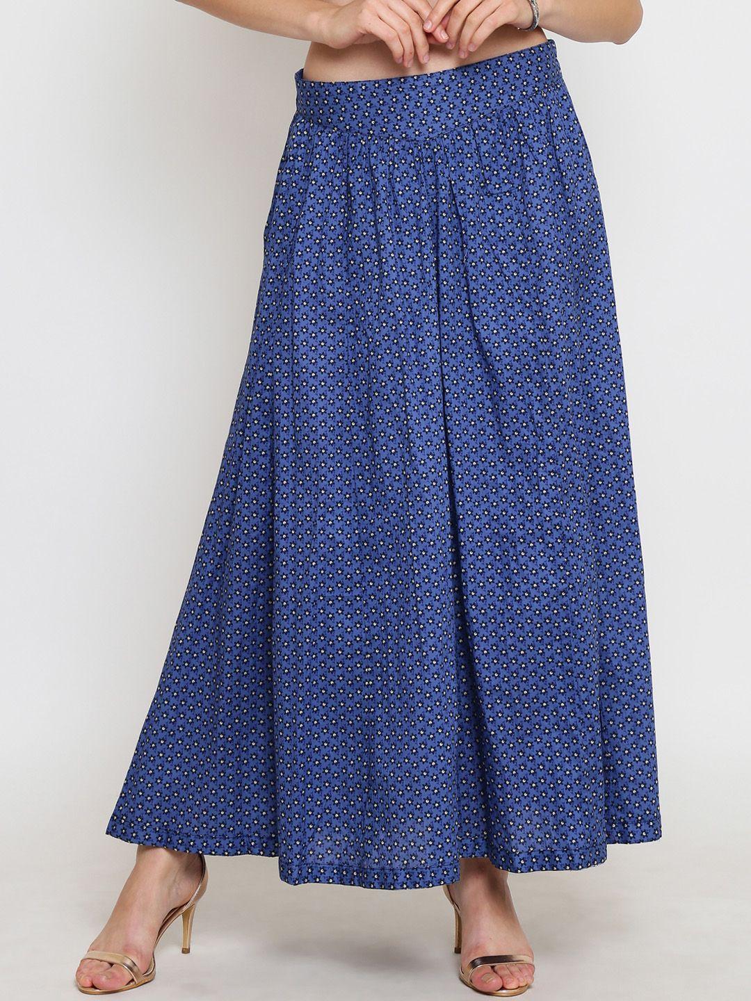 Sera Women Navy Blue Printed Pure Cotton Flared Maxi Skirt
