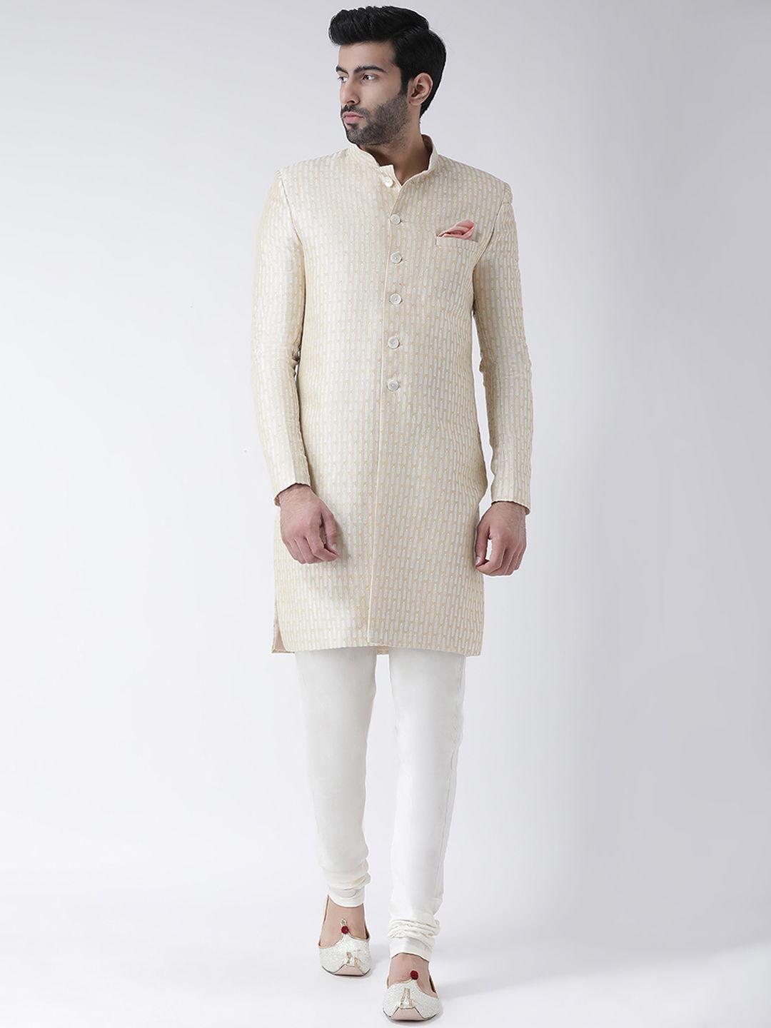 KISAH Men Cream & White Woven Design Sherwani