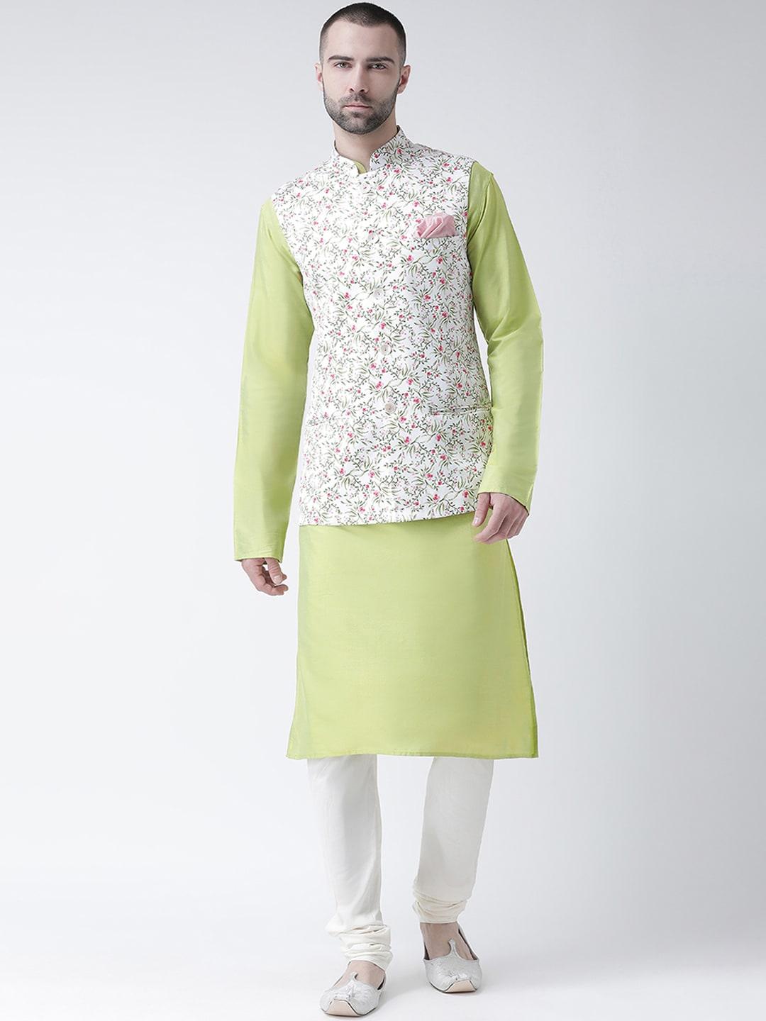 kisah-men-white-&-lime-green-printed-kurta-with-churidar-&-nehru-jacket