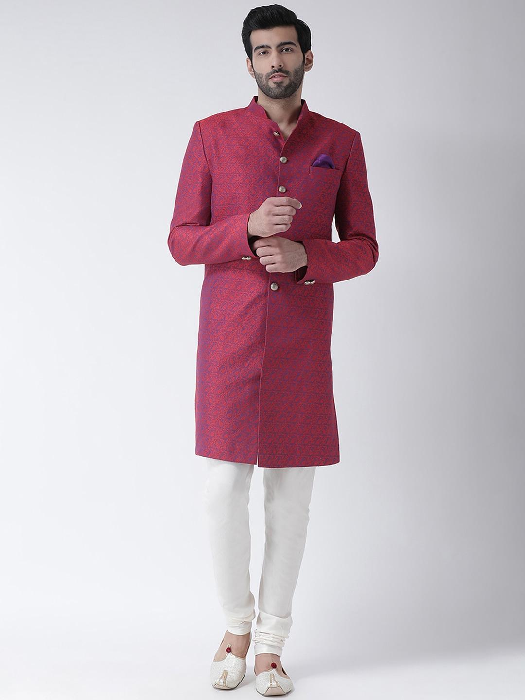 KISAH Men Red, Purple & White Woven Design Sherwani