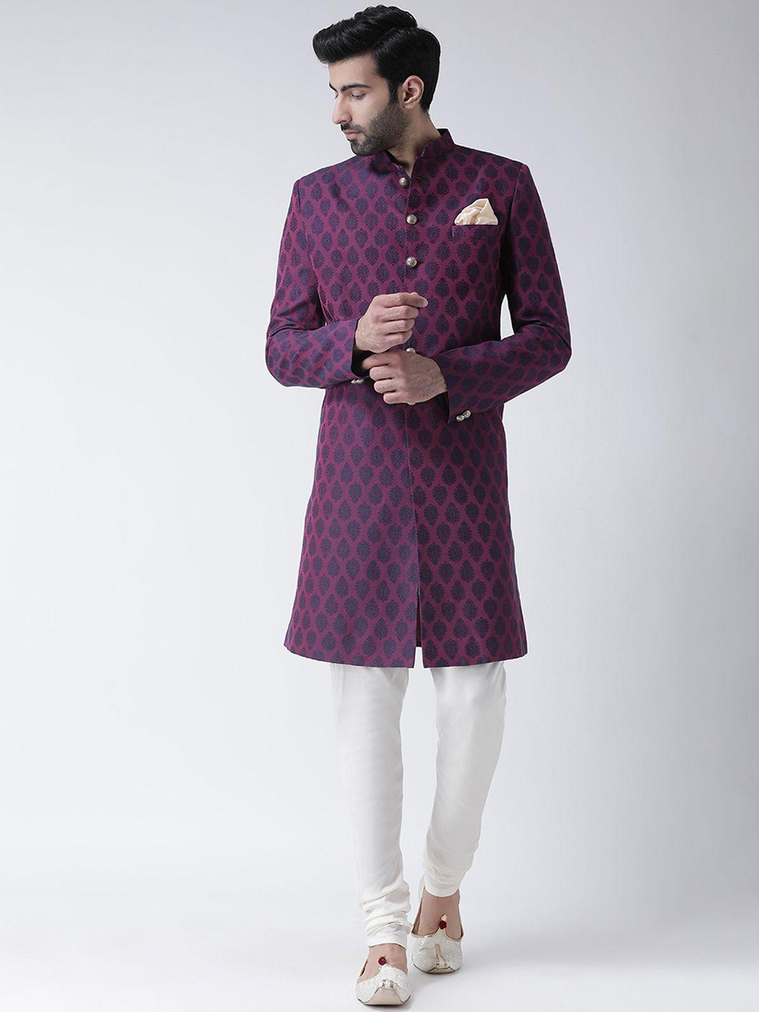 KISAH Men Purple & White Woven Design Sherwani