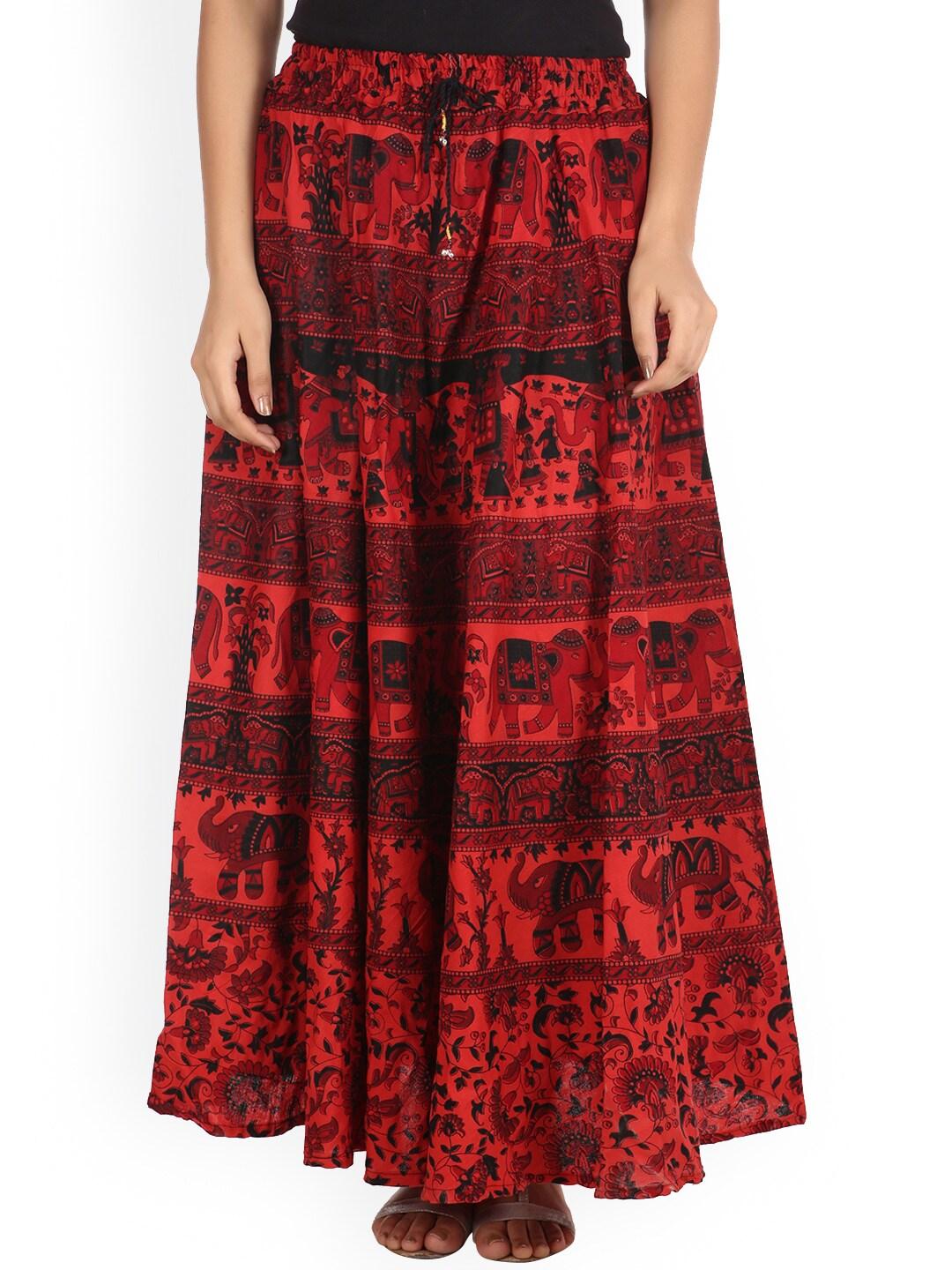 SOUNDARYA Women Red & Black Printed Flared Maxi Pure Cotton Skirt
