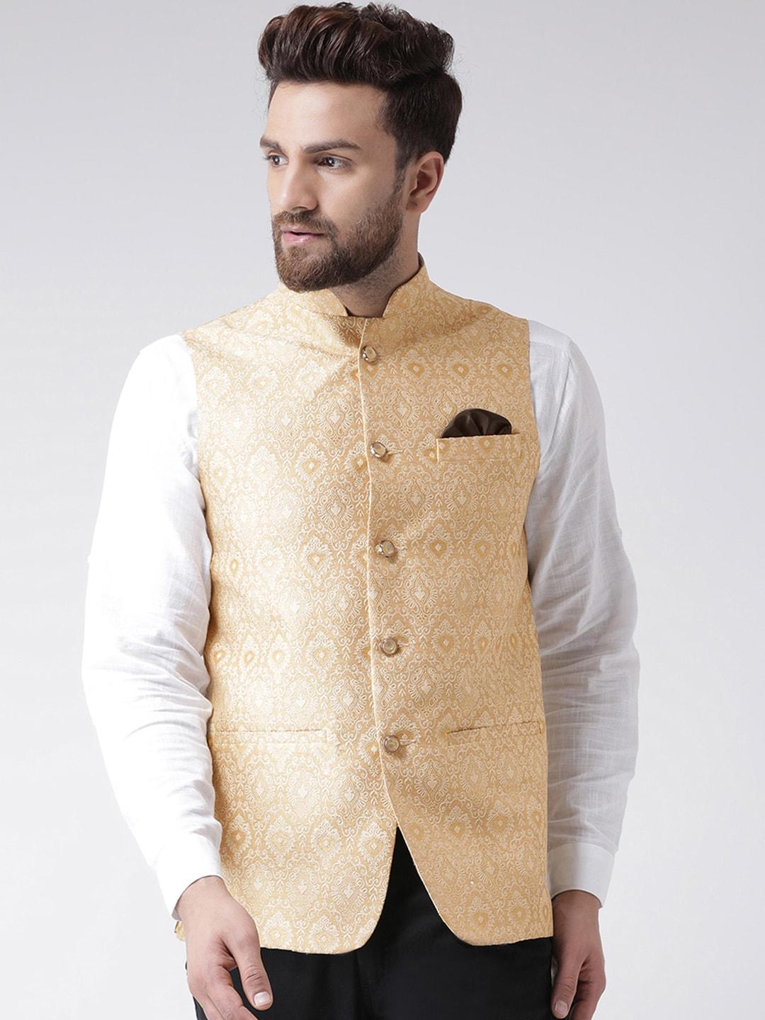 Hangup Men Beige Woven Design Linen Nehru Jacket