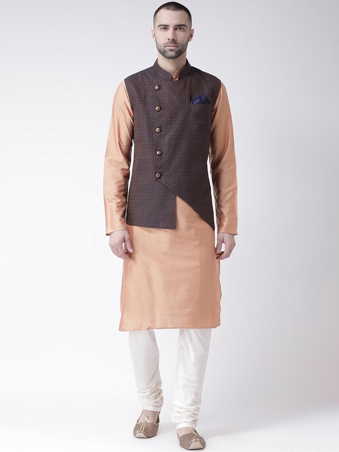 KISAH Men Peach-Coloured & White Printed Churidar Kurta with Nehru Jacket