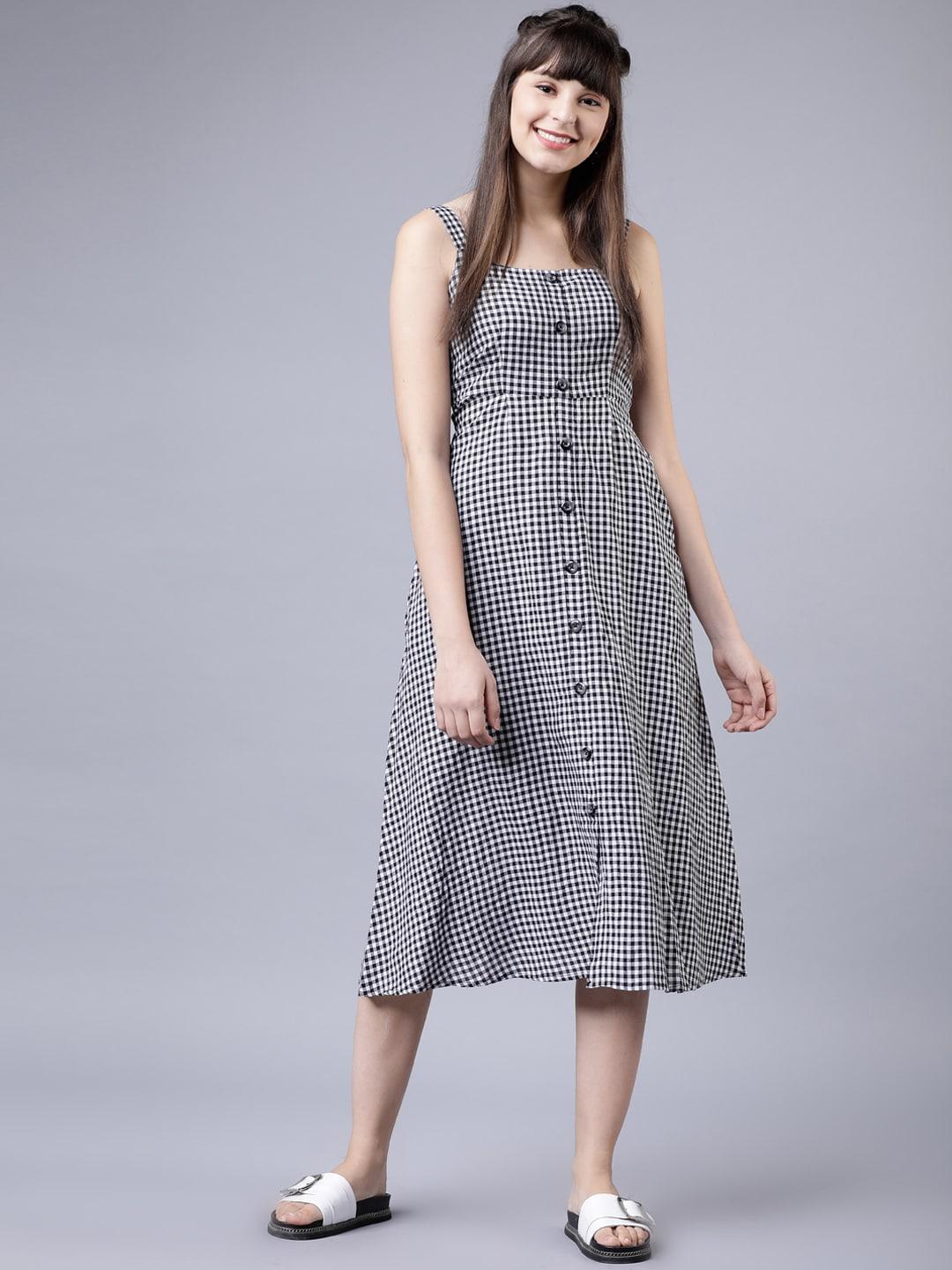 Tokyo Talkies Women Black & White Checked Fit and Flare Dress