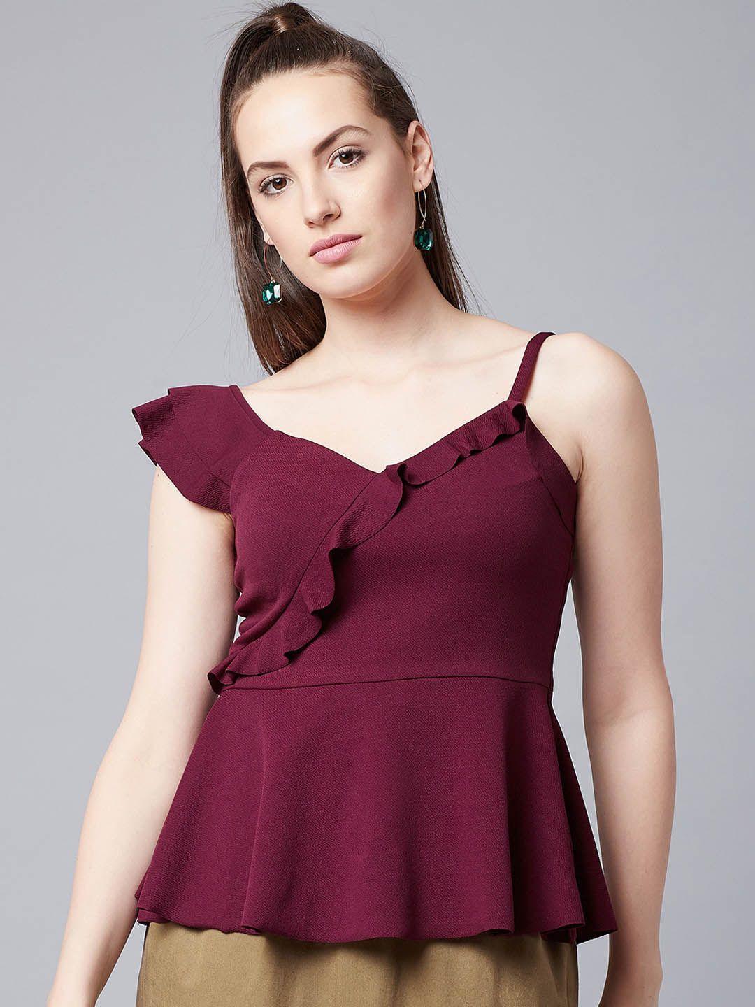 athena-women-burgundy-solid-peplum-top-with-ruffle-details