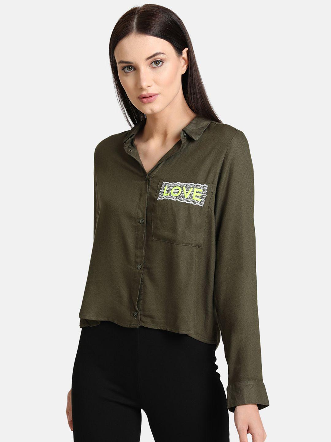 Kazo Women Olive Green Regular Fit Solid Casual Shirt