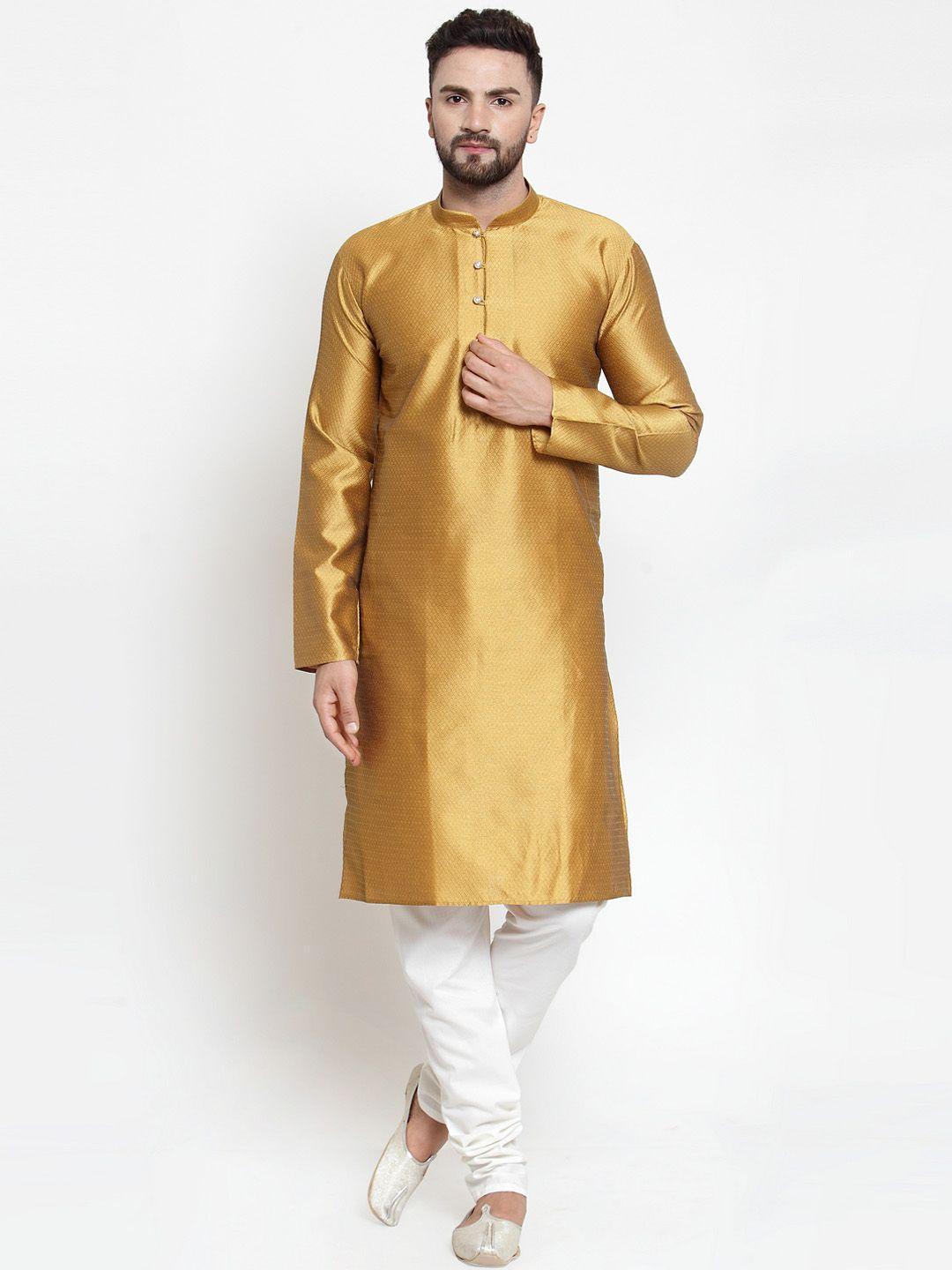 jompers-men-mustard-yellow-&-white-self-design-kurta-with-churidar