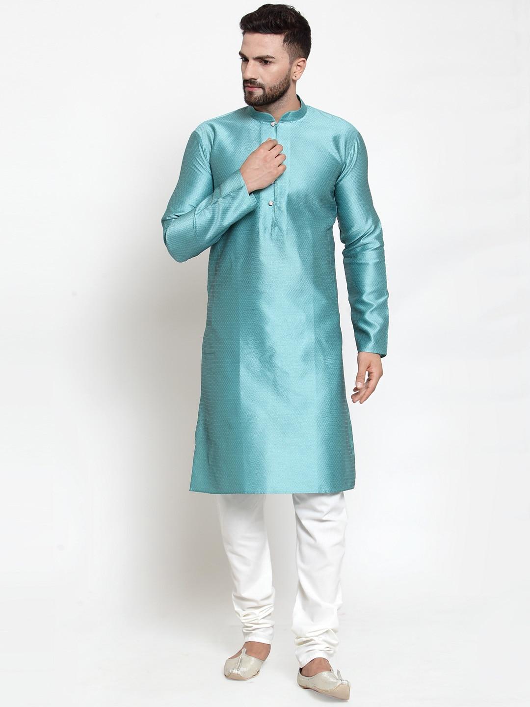 Jompers Men Turquoise Blue & White Self Design Kurta with Churidar