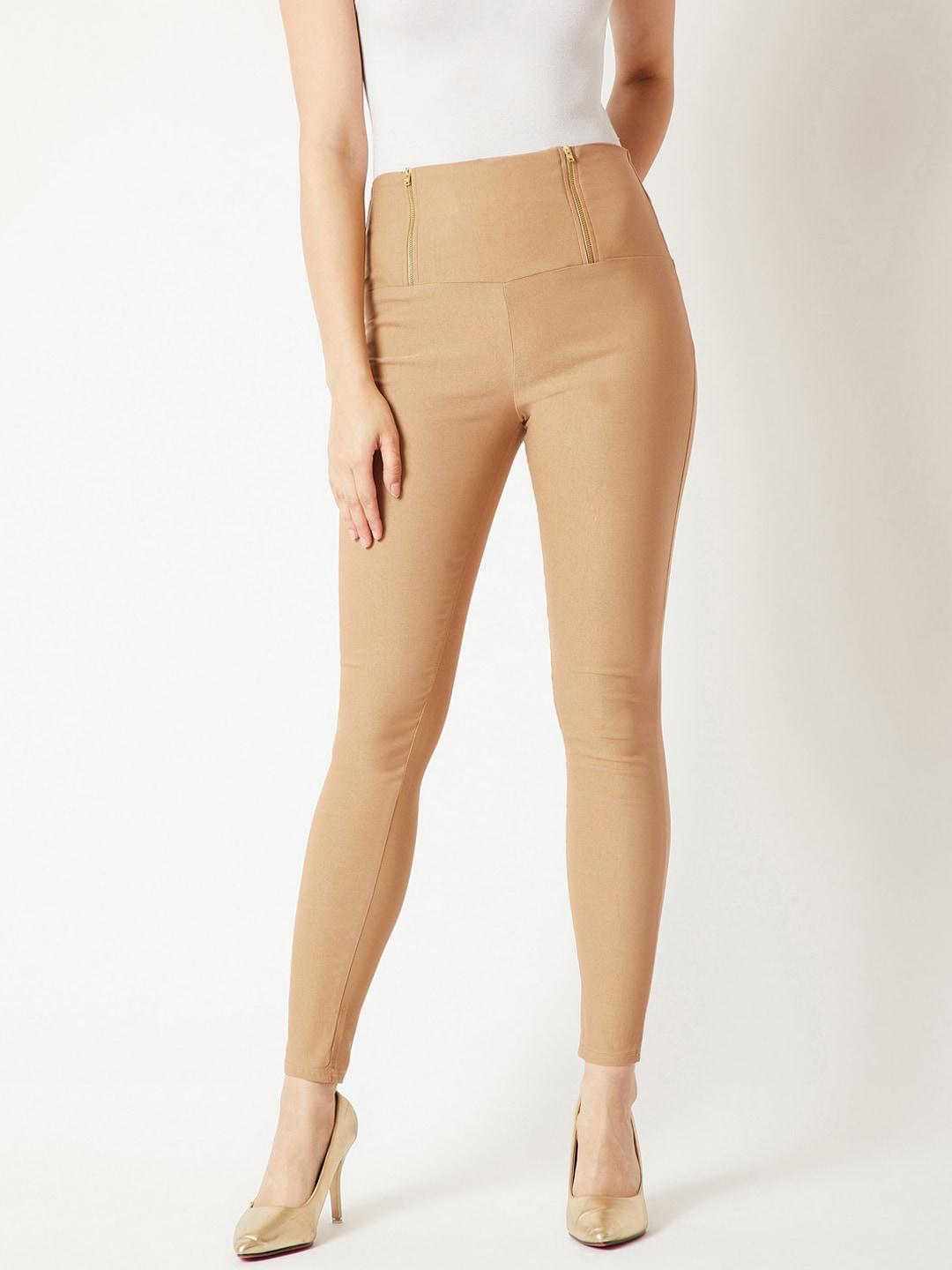Miss Chase Beige Solid Slim-Fit Jeggings