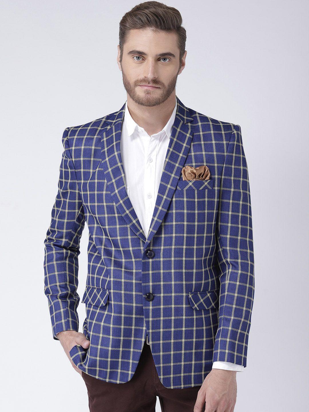 Hangup Men Blue and Beige Checked Single Breasted Regular Fit Formal Blazer