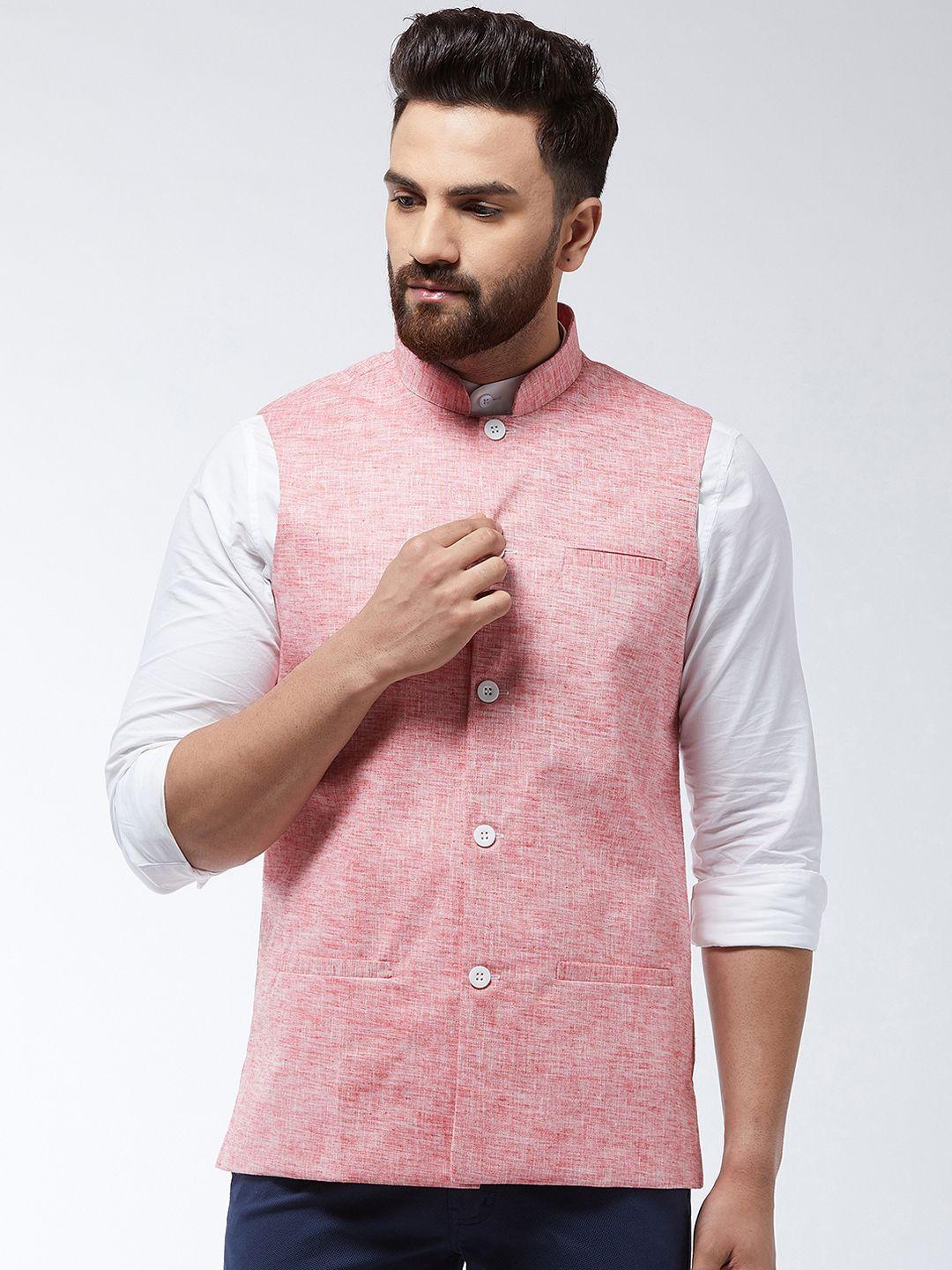 SOJANYA Men Coral Pink Solid Nehru Jacket