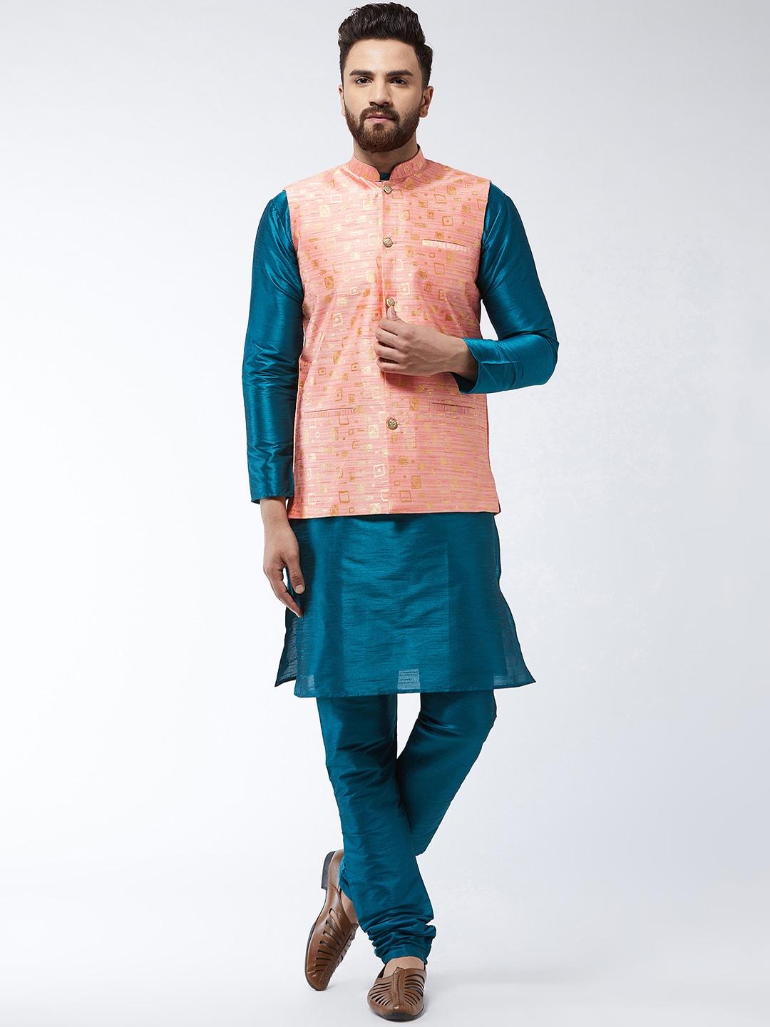 sojanya-men-teal-green-&-peach-coloured-solid-kurta-with-churidar-&-nehru-jacket