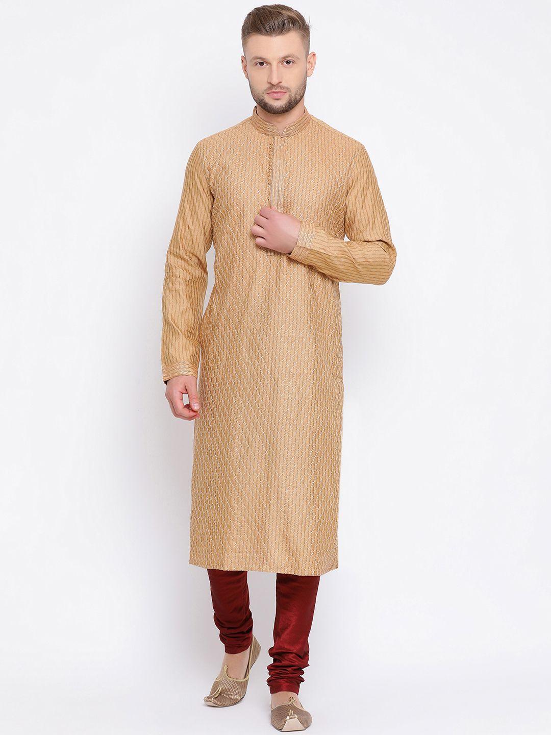 sanwara-men-gold-toned-&-maroon-self-design-kurta-with-churidar