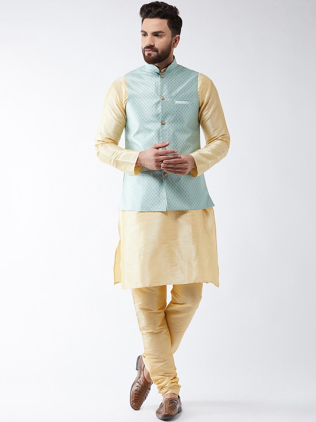 SOJANYA Men Cream-Coloured & Sea Green Self Design Kurta with Churidar & Nehru Jacket