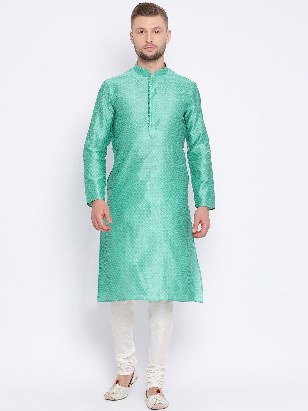 sanwara-men-green-&-white-self-design-kurta-with-churidar