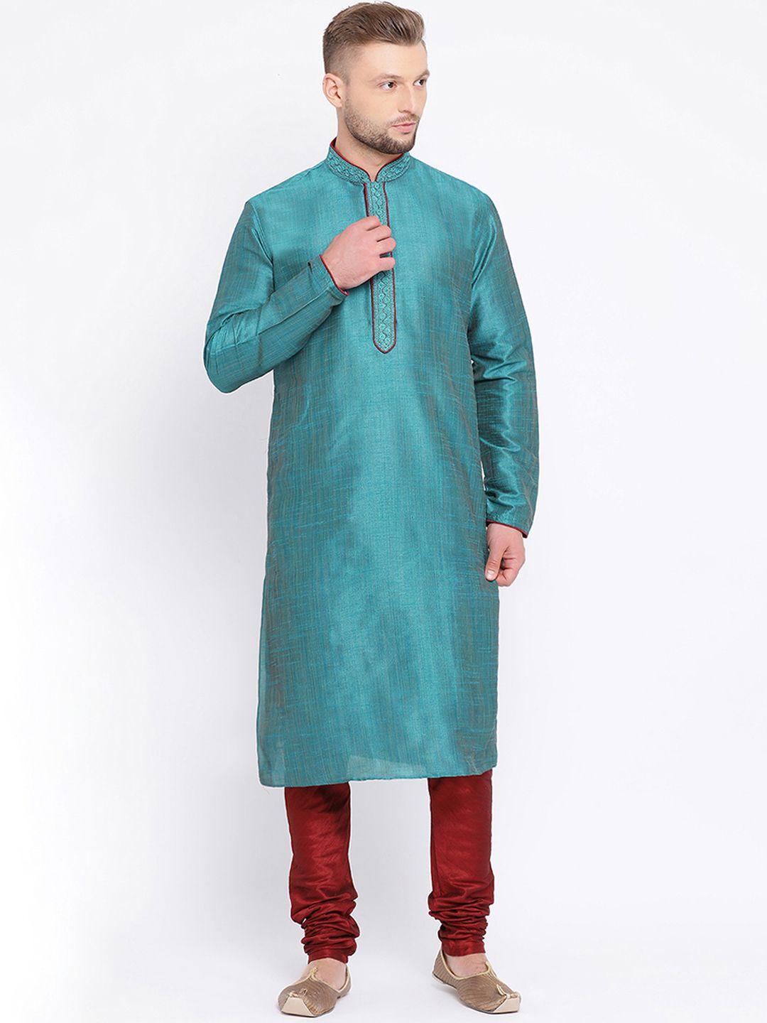 sanwara-men-teal-green-&-maroon-self-design-kurta-with-churidar
