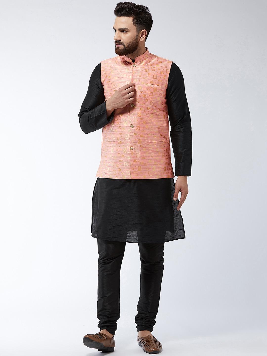 sojanya-men-black-&-peach-coloured-printed-kurta-with-churidar-&-nehru-jacket