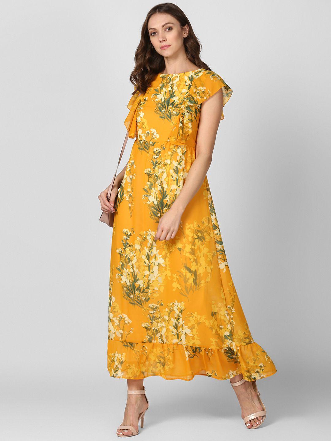 StyleStone Women Floral Print Yellow Maxi Dress with Ruffle Detail