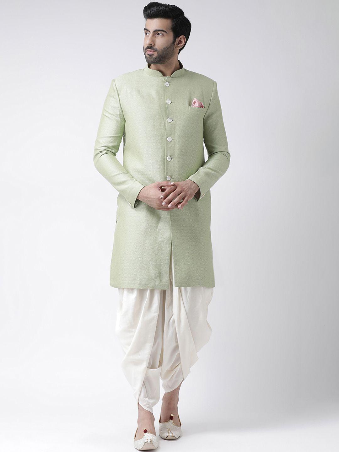 KISAH Men Green & White Self-Design Silk Sherwani with Dhoti Pants
