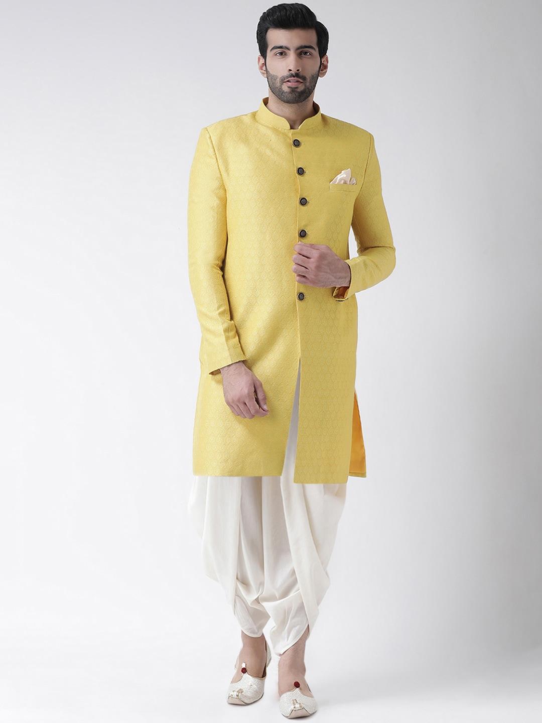 Kisah Men Yellow & White Woven Design Sherwani Set