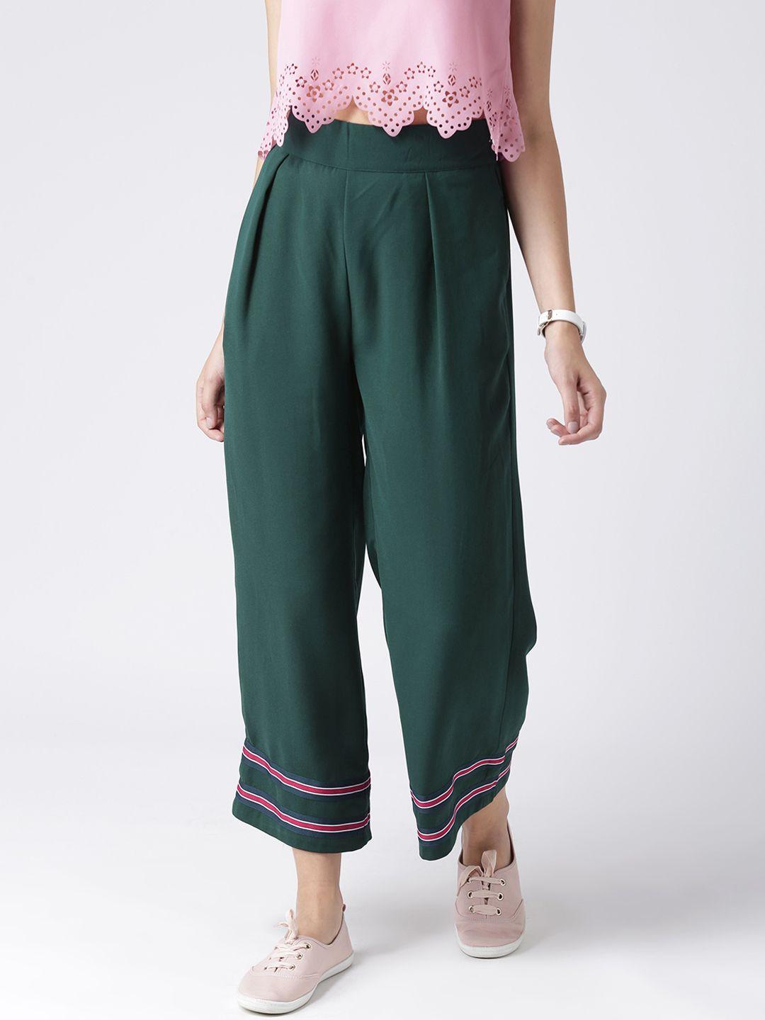 KASSUALLY Women Green Relaxed Loose Fit Solid Cropped Parallel Trousers