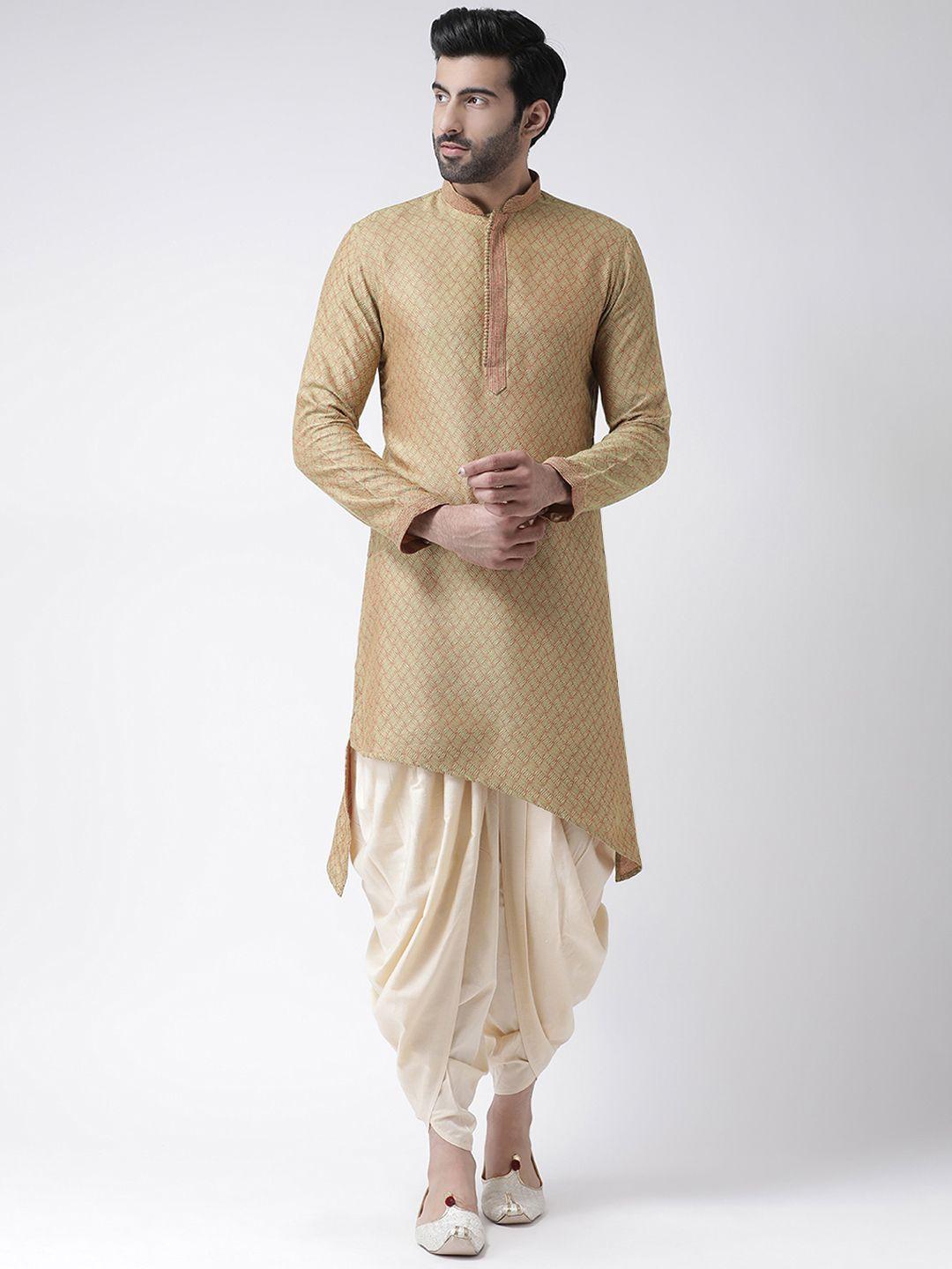 kisah-men-peach-coloured-&-beige-self-design-kurta-with-dhoti-pants