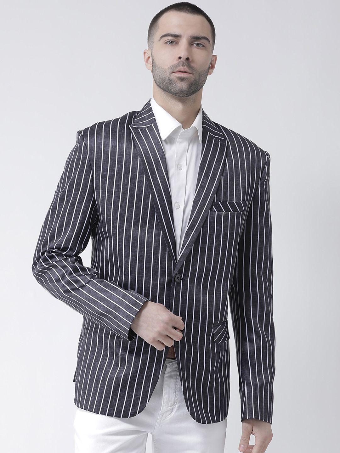 Hangup Men Charcoal Grey & White Striped Single-Breasted Casual Blazer
