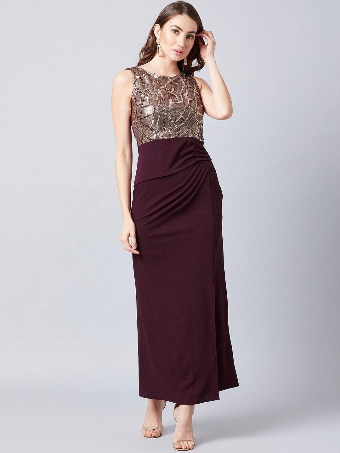 athena-women-burgundy-&-brown-embellished-maxi-dress