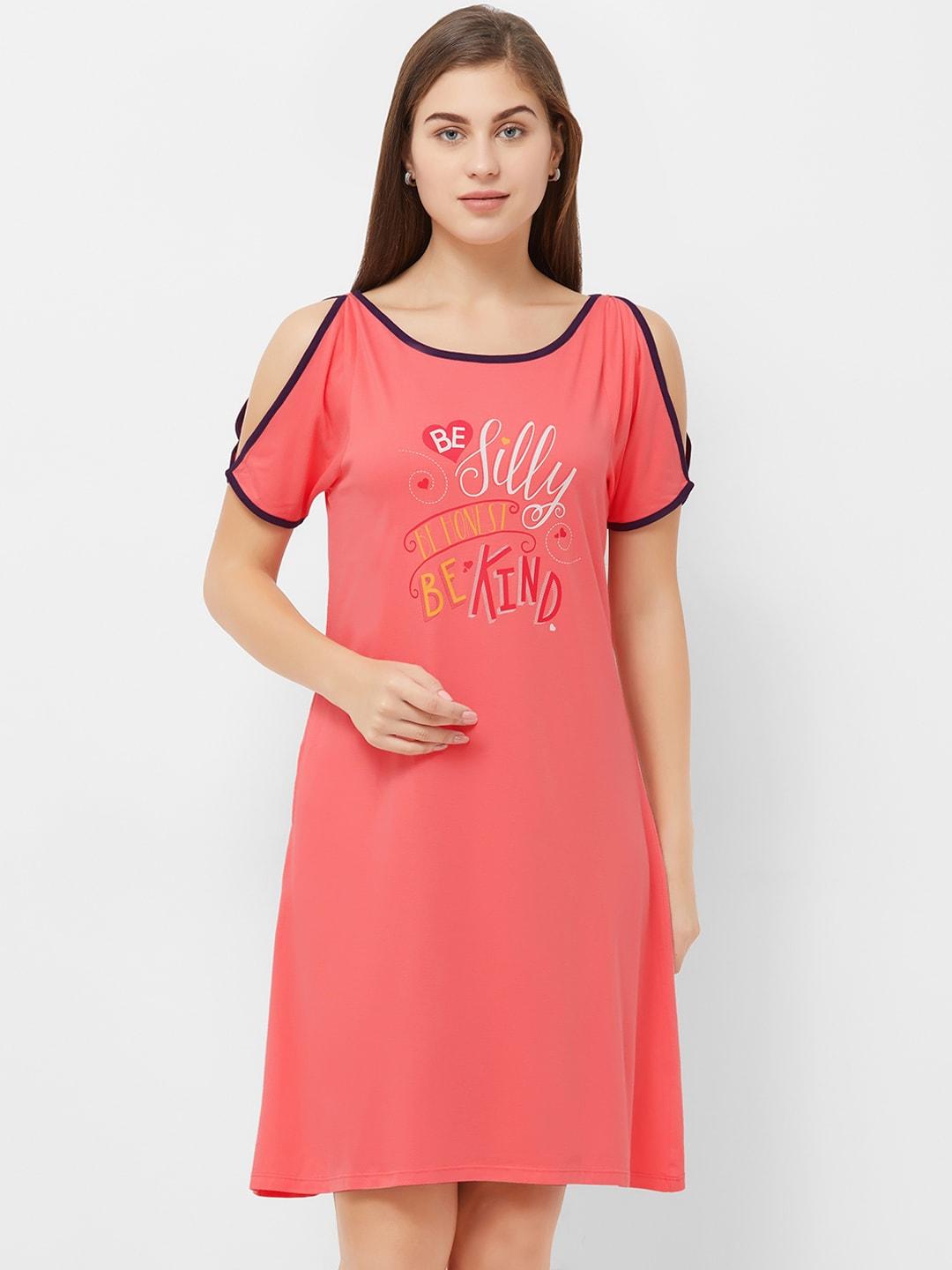Soie Women Coral Pink Printed Sleep T-Shirt NT-86CORAL