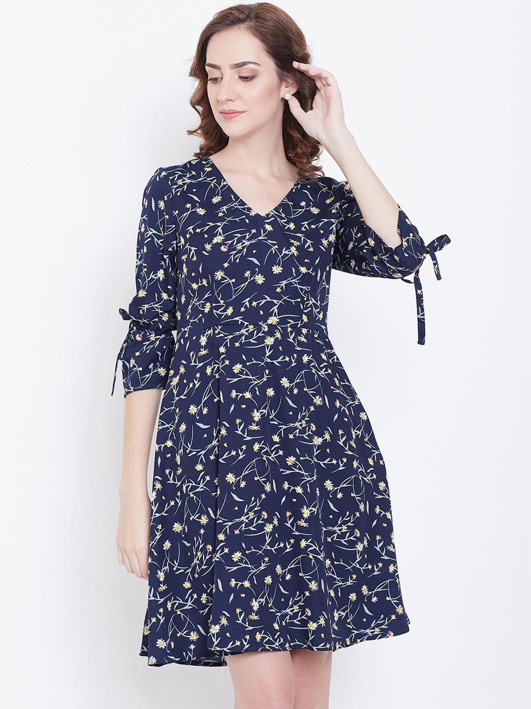 DODO & MOA Women Navy Blue Floral Print Fit and Flare Dress