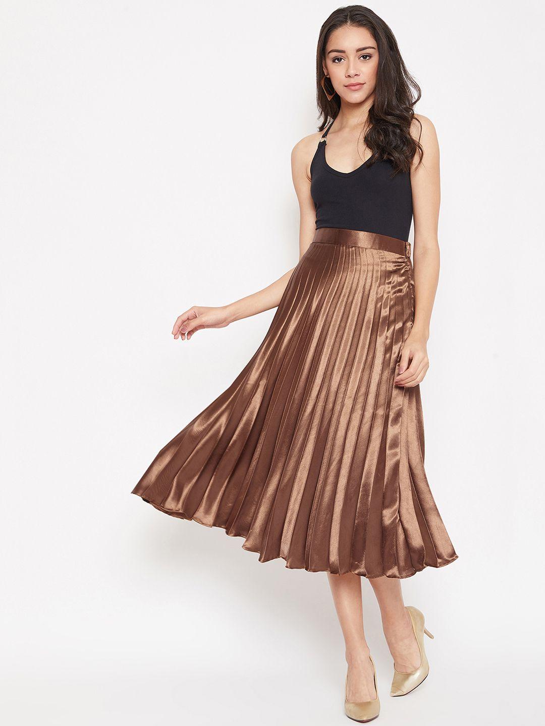 Uptownie Lite Women Brown Solid Satin Pleated Flared Midi Skirt