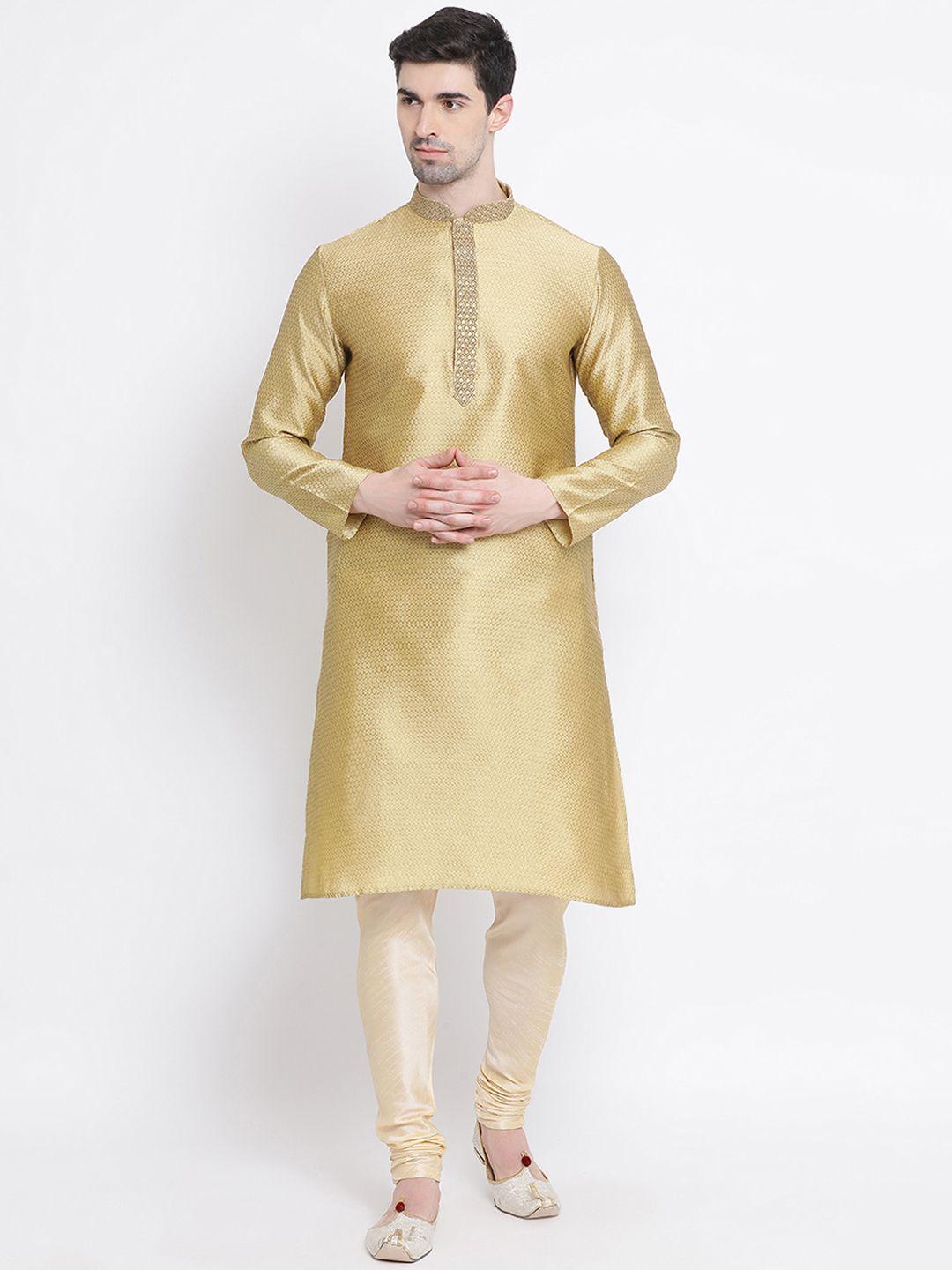 Sanwara Men Gold-Coloured Self Design Kurta with Churidar