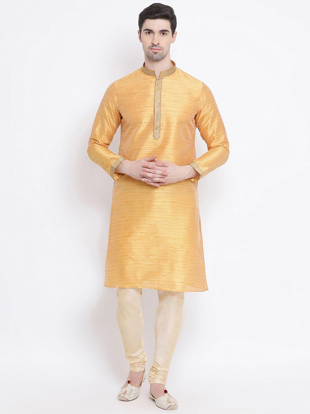 sanwara-men-orange-&-beige-solid-kurta-with-churidar