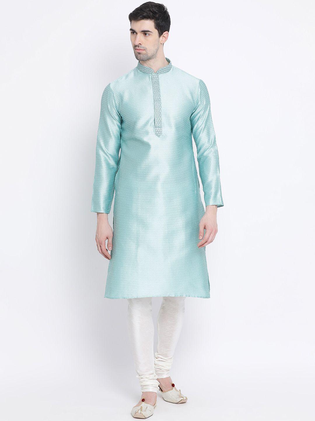 sanwara-men-blue-&-white-self-design-kurta-with-churidar