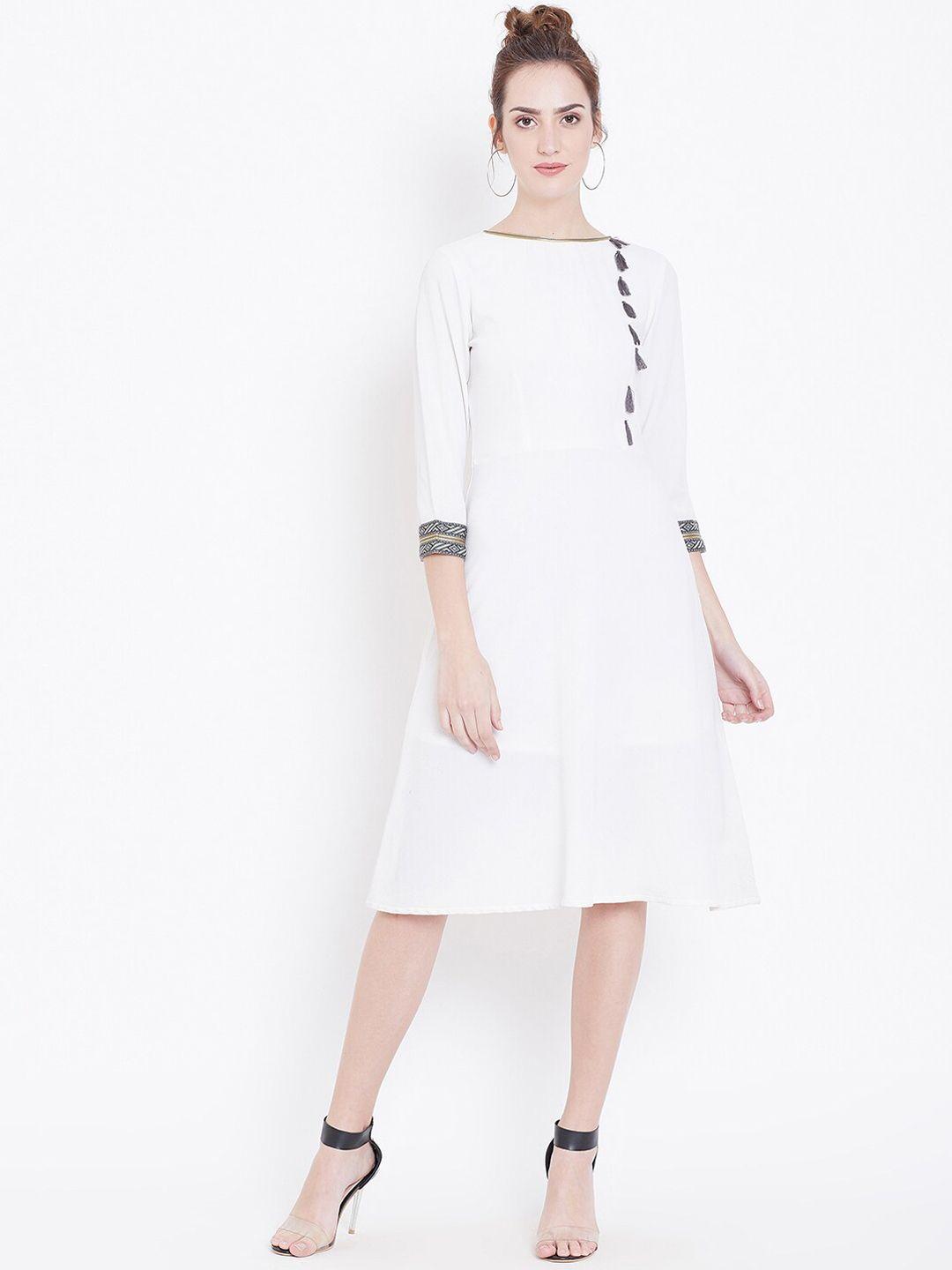 DODO & MOA Women Off-White Solid A-Line Dress