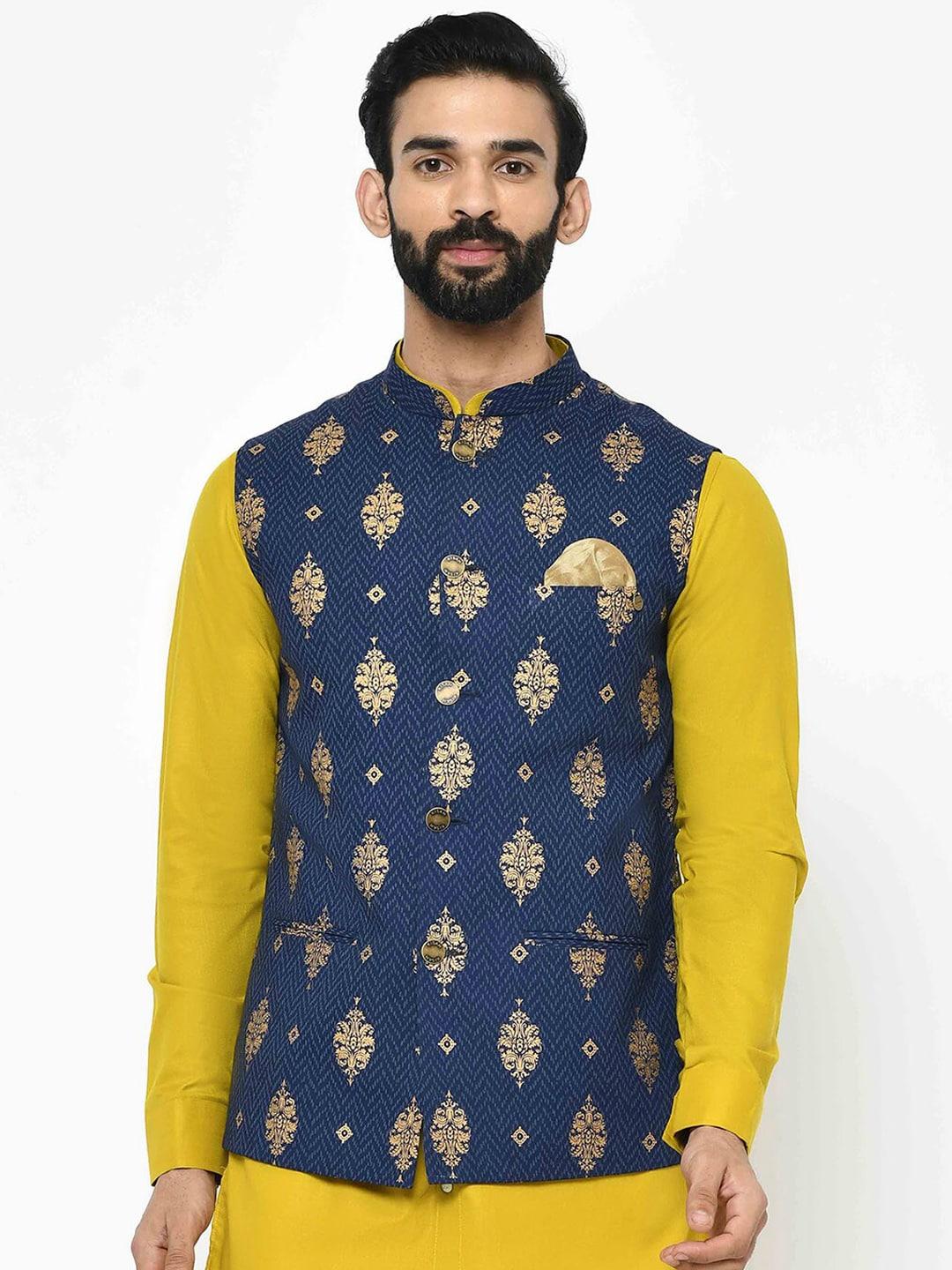 KISAH Men Navy Blue & Gold-Coloured Printed Nehru Jacket