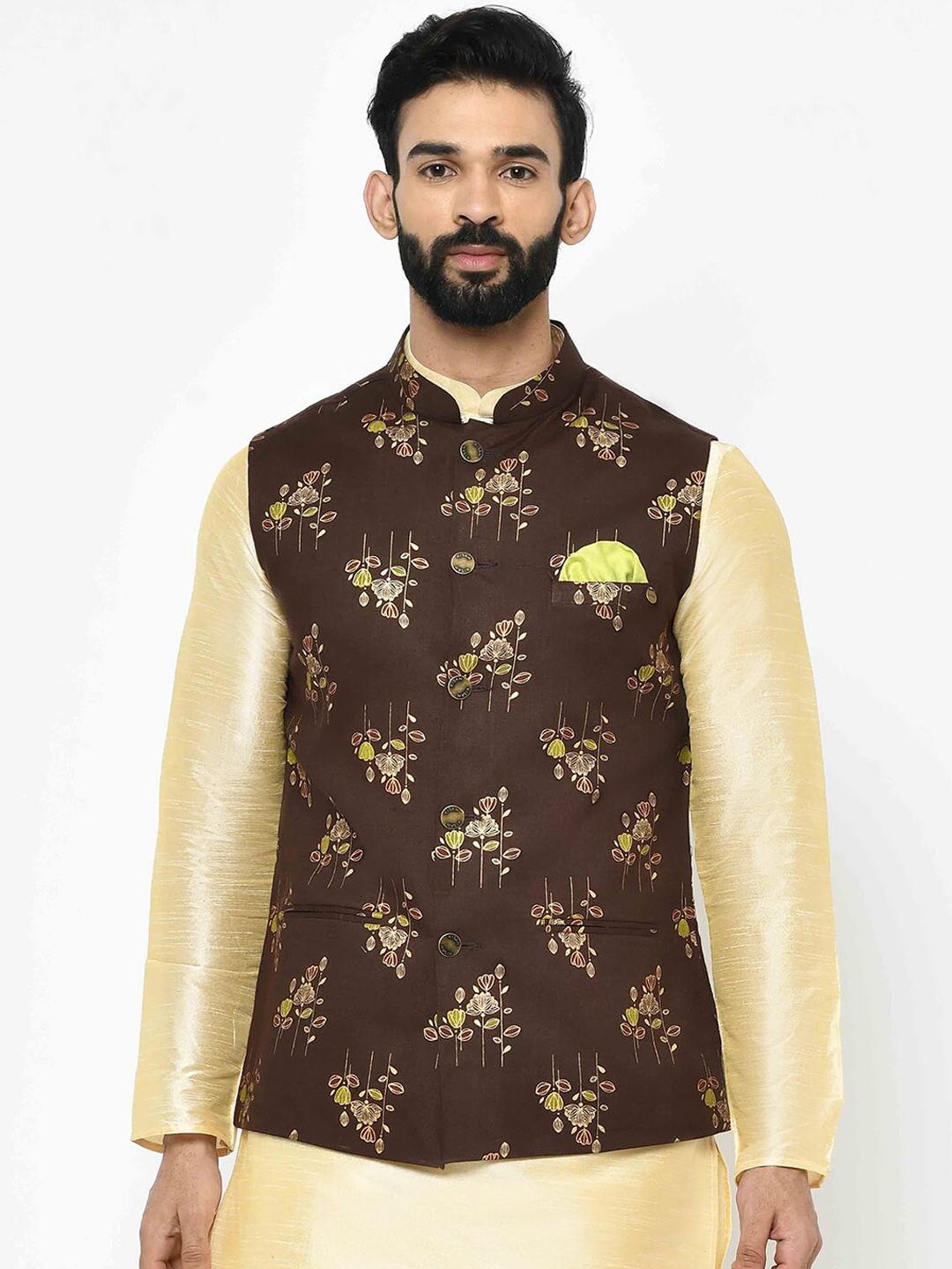 KISAH Men Brown Printed Nehru Jacket