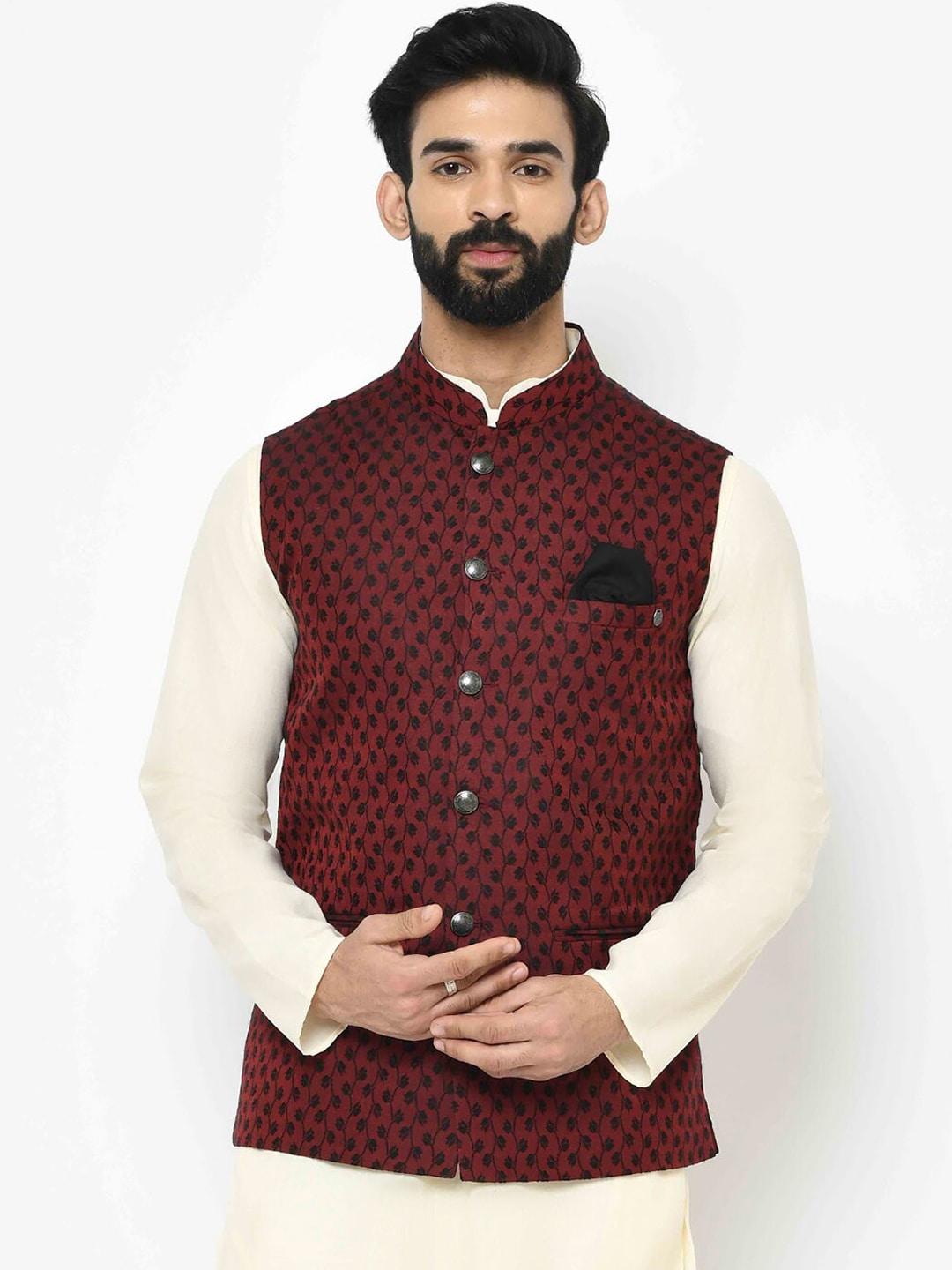 kisah-men-maroon-&-black-woven-design-nehru-jacket