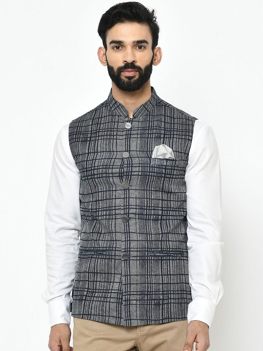 KISAH Men Grey Melange & Black Printed Nehru Jacket