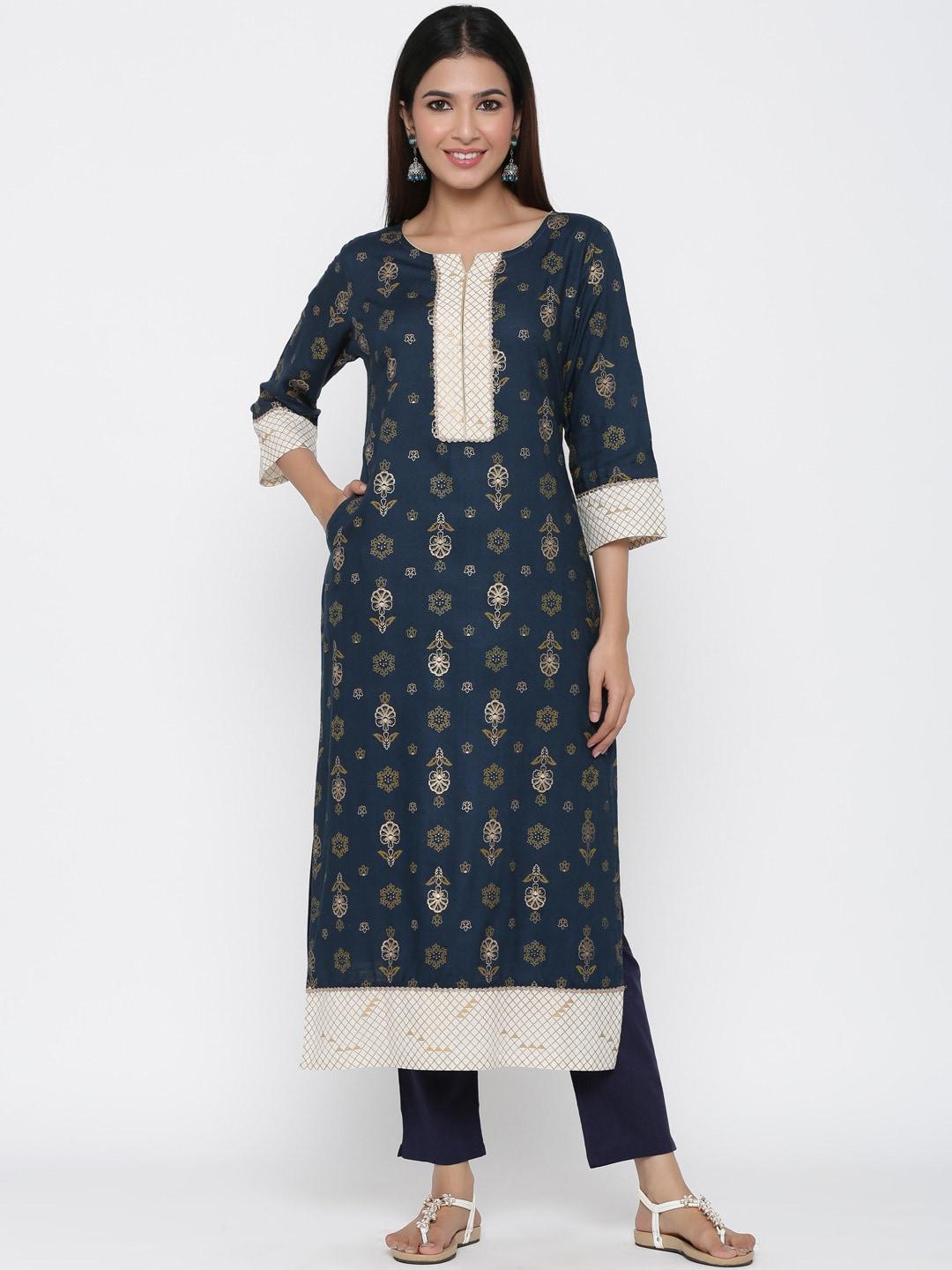 jaipur-kurti-women-navy-blue-&-white-printed-straight-kurta