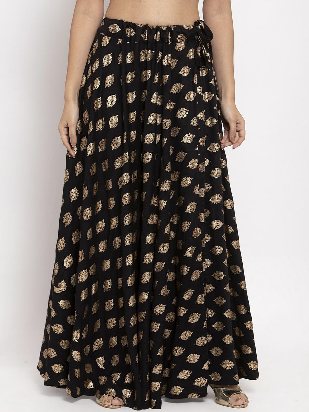 Clora Creation Women Black & Gold-Colour Printed Flared Maxi Skirt