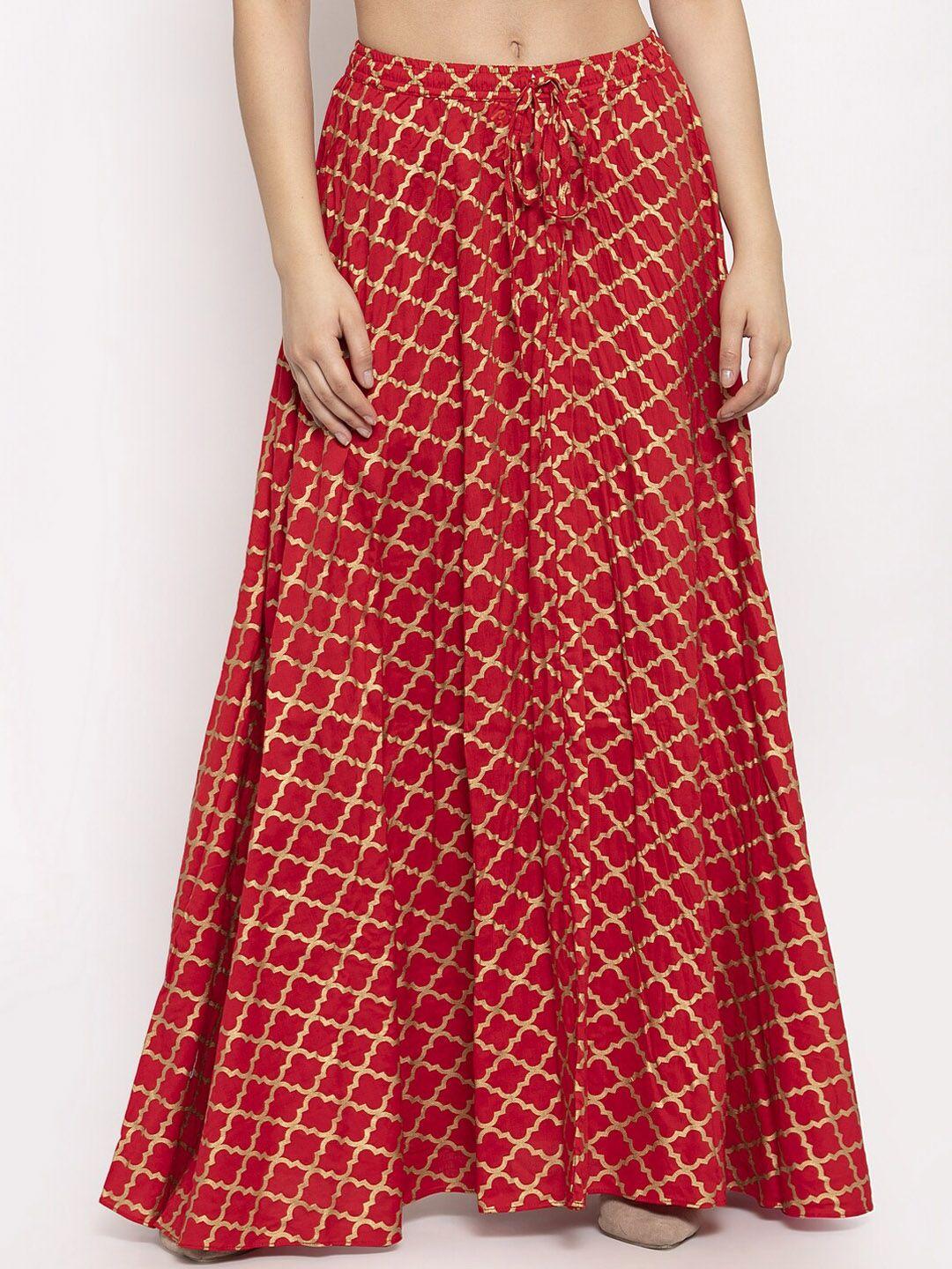 clora-creation-red-printed-flared-maxi-skirt