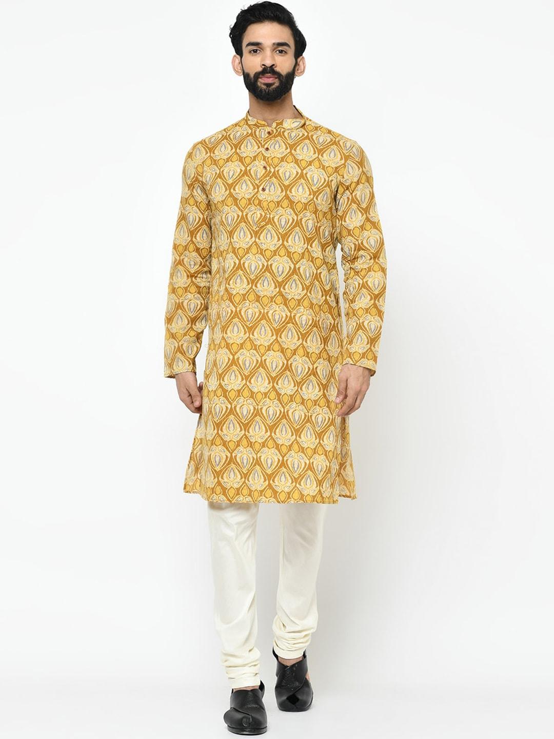 KISAH Men Mustard Yellow & Cream-Coloured Printed Kurta with Pyjamas