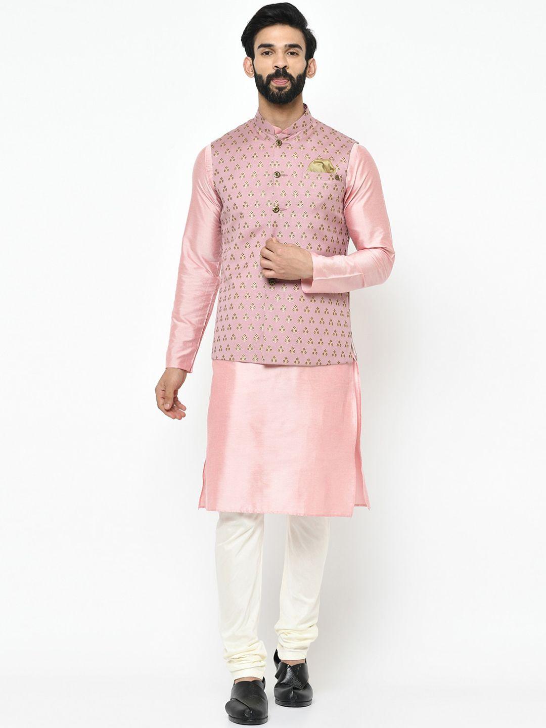 KISAH Men Pink & Off-White Solid Kurta with Pyjamas