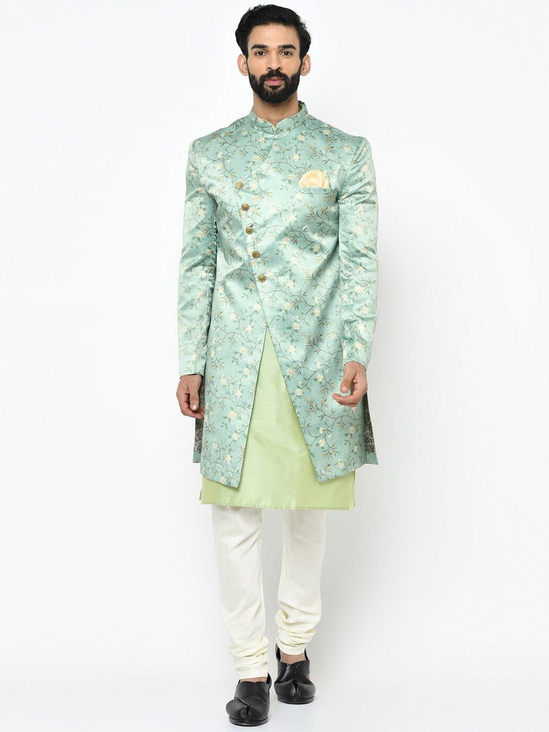 KISAH Men Fluorescent Green & White Sherwani Set