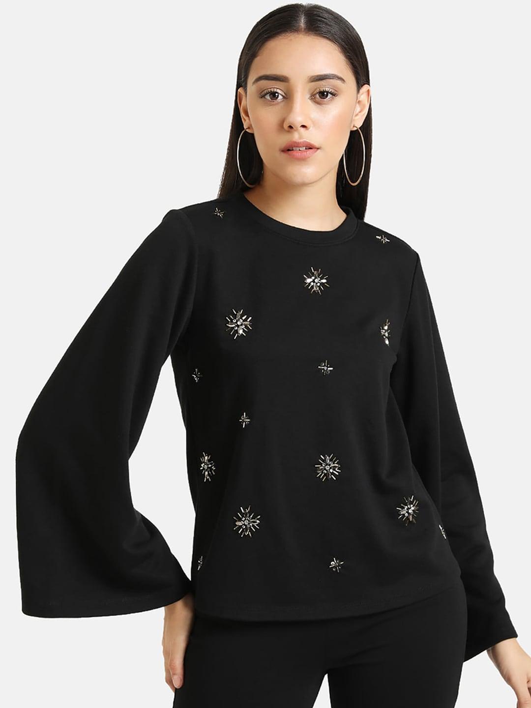kazo-women-black-embellished-round-neck-pullover-sweater