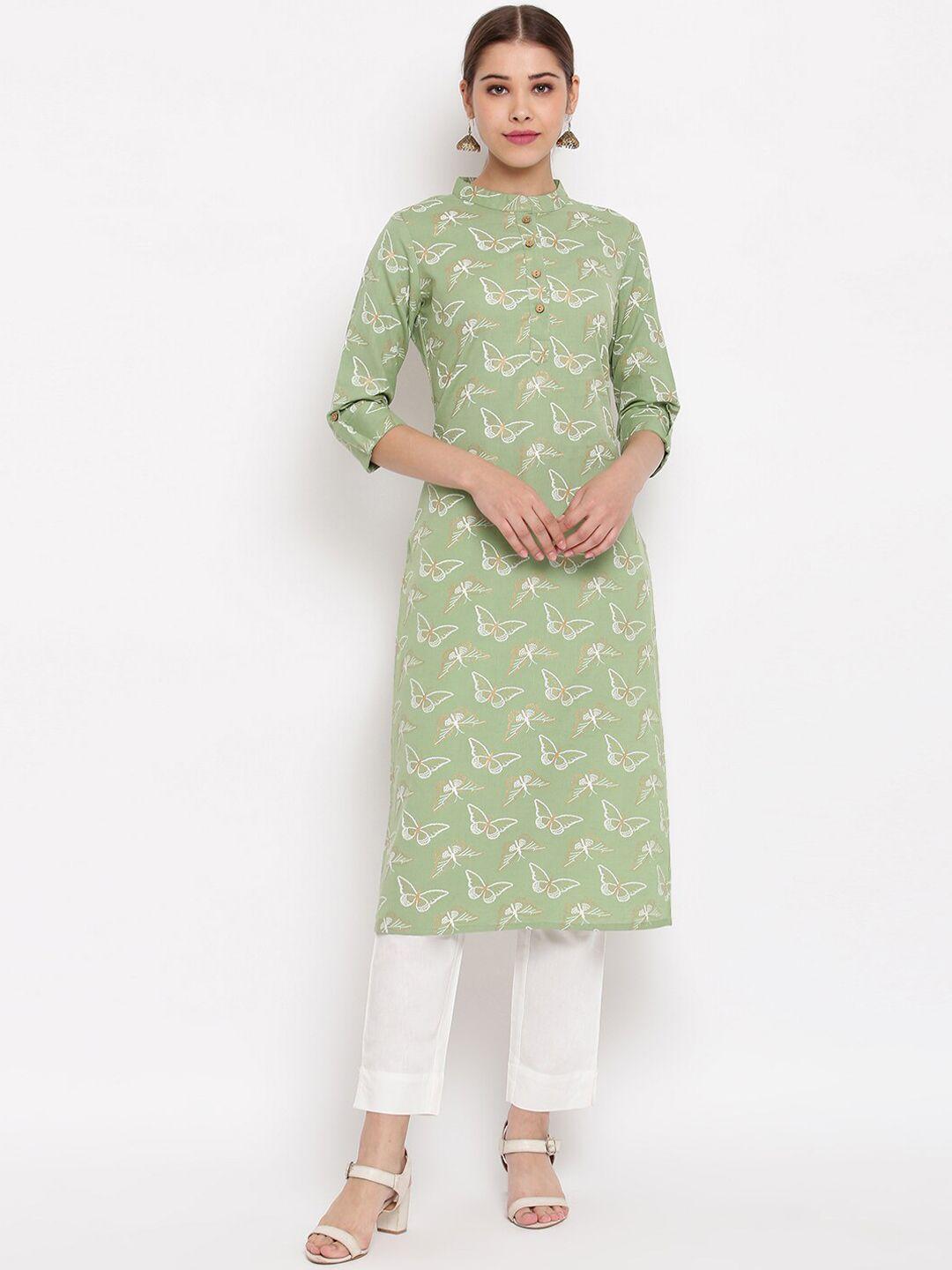 janasya-women-green-&-white-printed-straight-kurta